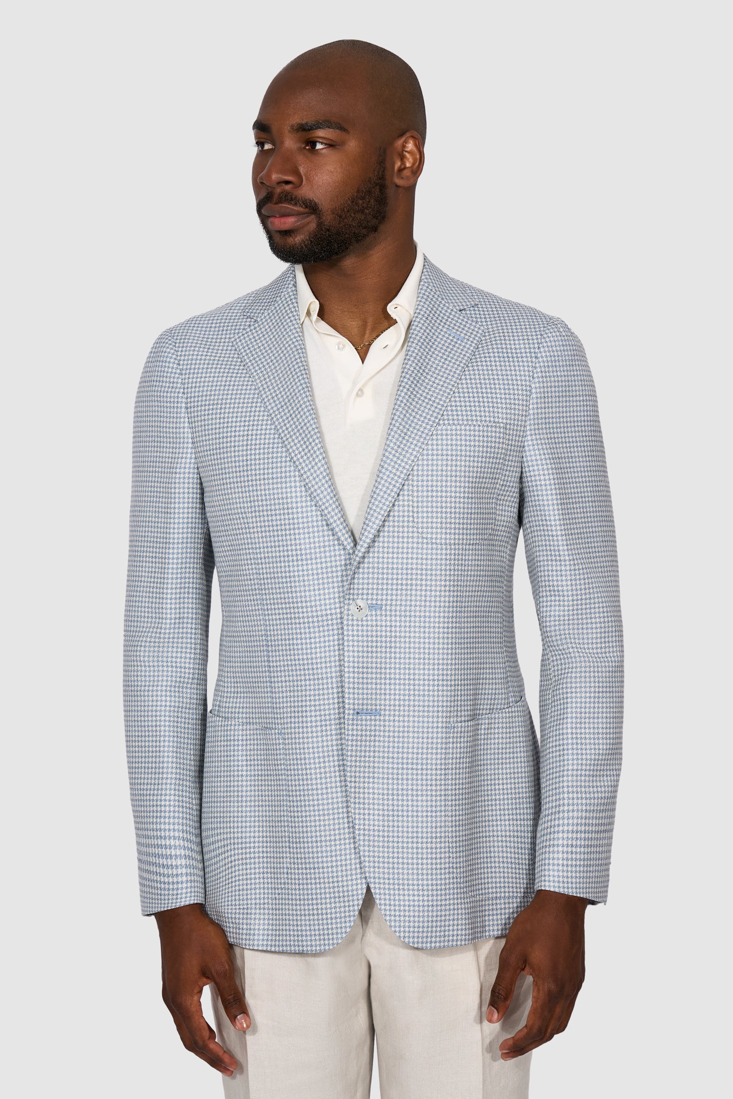 New Suitsupply Havana Light Blue Houndstooth Wool, Mulberry Silk, Linen Blazer - Size 36R and 38R