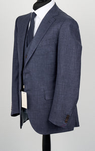 New Suitsupply Lazio Navy Check Wool, Silk and Linen 3 Piece Suit - Size 46R