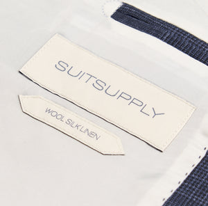 New Suitsupply Lazio Navy Check Wool, Silk and Linen 3 Piece Suit - Size 46R