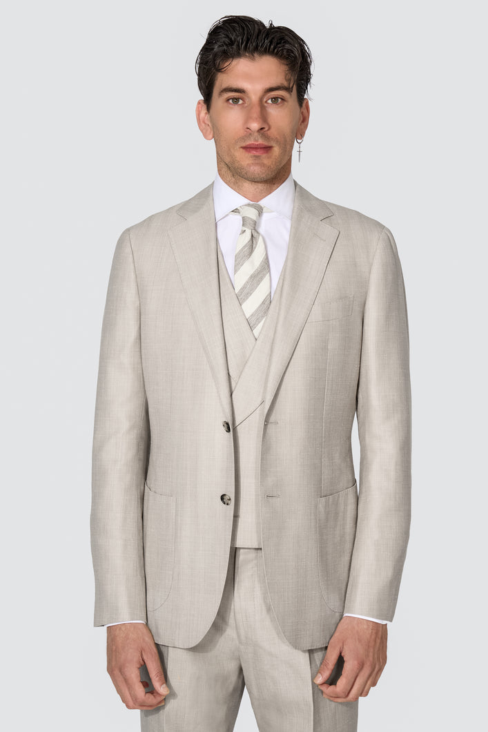 New Suitsupply Havana Light Brown Herringbone Wool, Silk, Linen 3 Piece DB Suit - Size 46L (Final Sale)