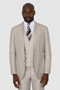 New Suitsupply Havana Light Brown Herringbone Wool, Silk, Linen 3 Piece DB Suit - Size 46L (Final Sale)