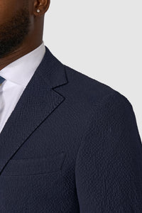 New SUITREVIEW Elmhurst Navy Blue Pure Cotton Stretch Seersucker Suit - Size 38R (Available Now)