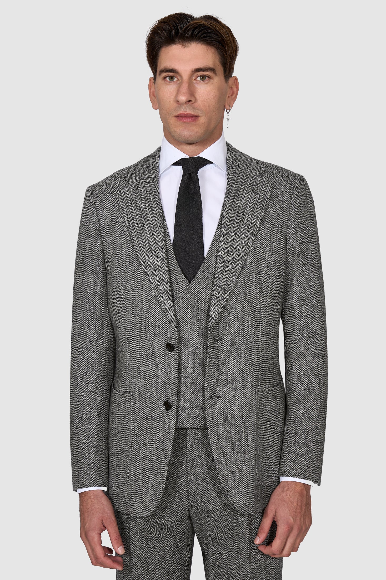 New Suitsupply Havana Tulip Mid Gray Herringbone Pure Wool 3 Piece Suit - Size 36R