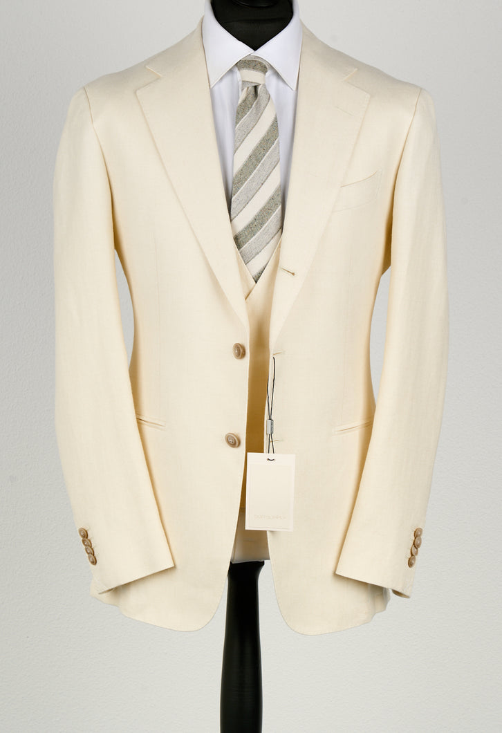 New Suitsupply Havana Jetted Off White Herringbone Wool, Tussah Silk, Linen 3 Piece DB Suit - Size 42L, 46R, 46L (Final Sale)