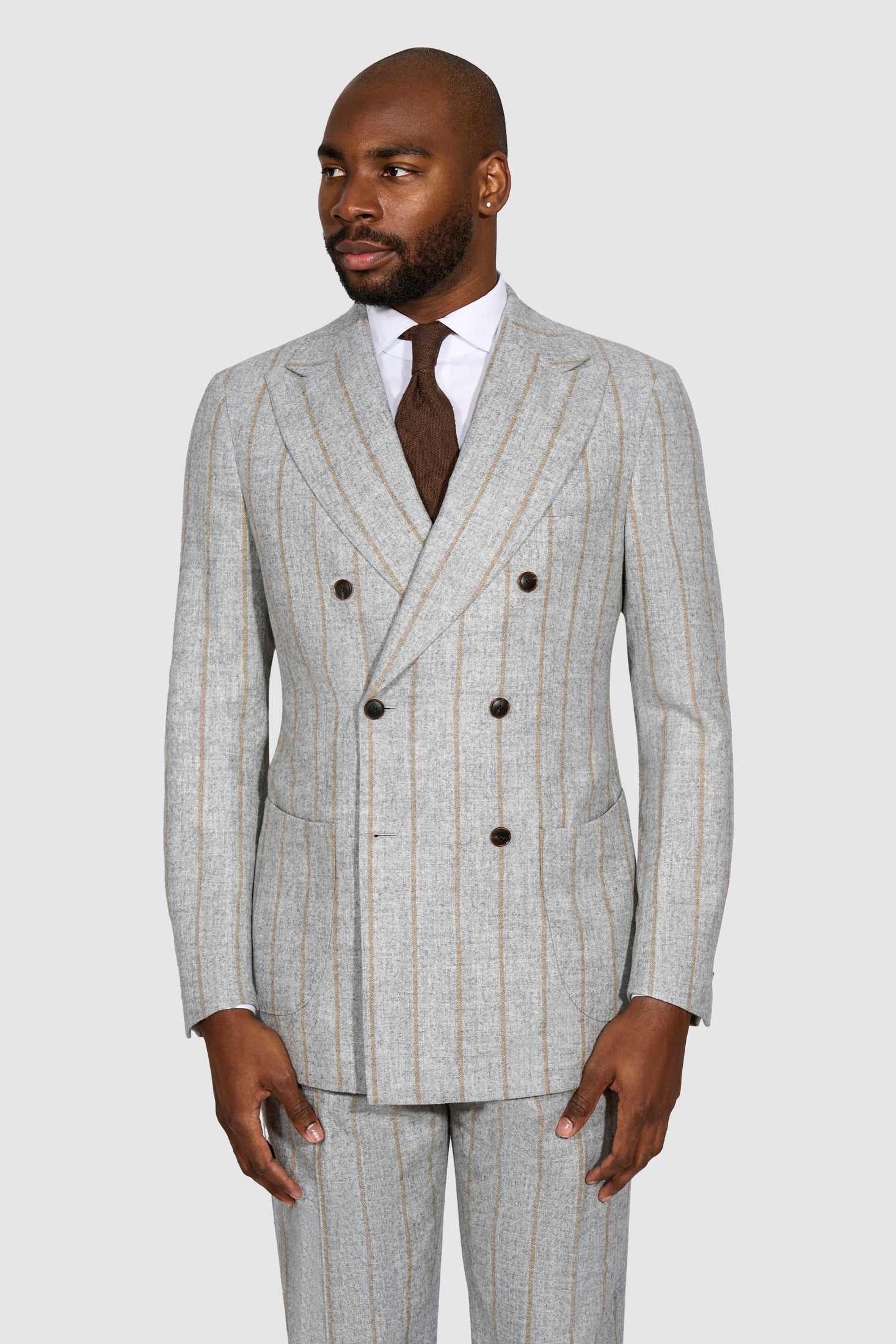 New SUITREVIEW Elmhurst Light Gray Cinnamon Stripe Alpaca and Wool Ferla Suit - Size 40R and 40L (Other Sizes Special Order)