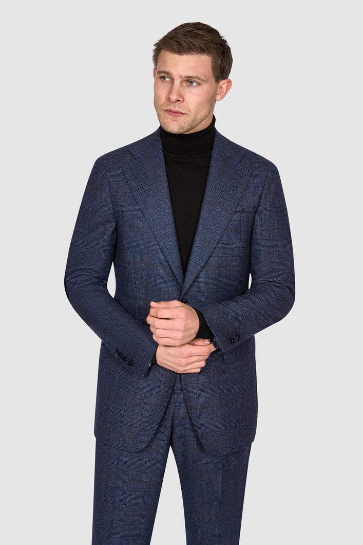 New SUITREVIEW Elmhurst Storm Blue/Brown Check Pure Wool Loro Piana Suit - Size 42R (Other Sizes Special Order!!)