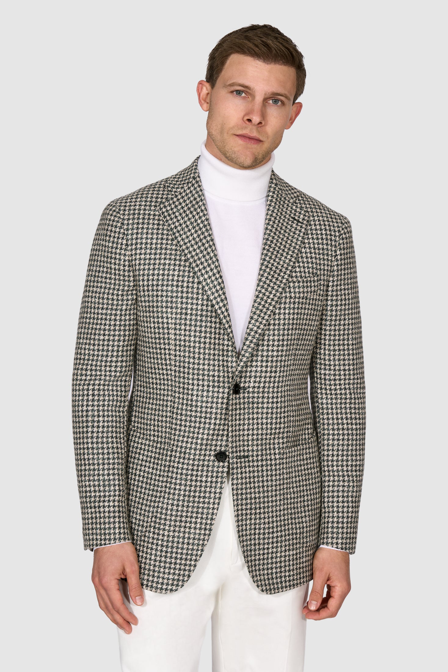 New SUITREVIEW Elmhurst Jade Green Houndstooth Wool, Alpaca, Linen Half Lined Blazer - Size 38R and 42R