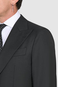 New SUITREVIEW Elmhurst Black Pure Wool Super 130s Wide Peak Lapel Suit - Size 44S (Other Sizes Special Order)