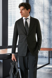 New SUITREVIEW Elmhurst Black Pure Wool Super 130s Wide Peak Lapel Suit - Size 44S (Other Sizes Special Order)