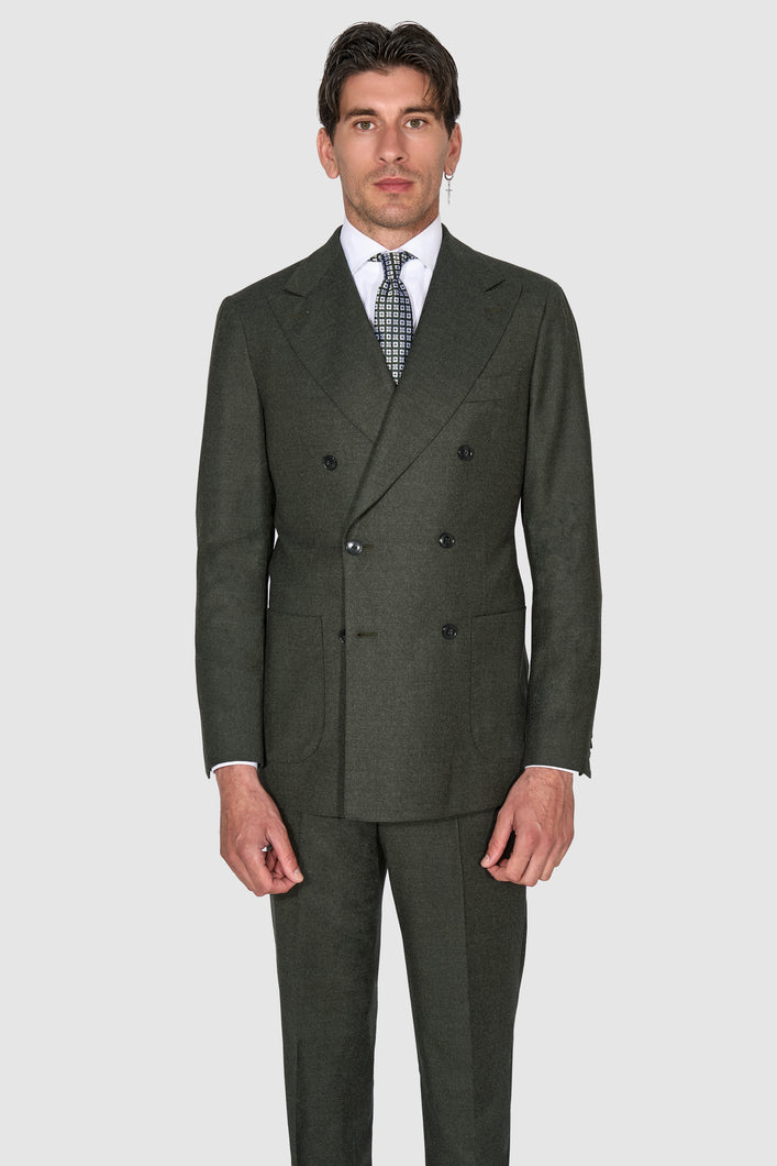 New SUITREVIEW Elmhurst Forest Green Pure Wool Flannel DB Suit - Size 44S and 48R (Flat Front)