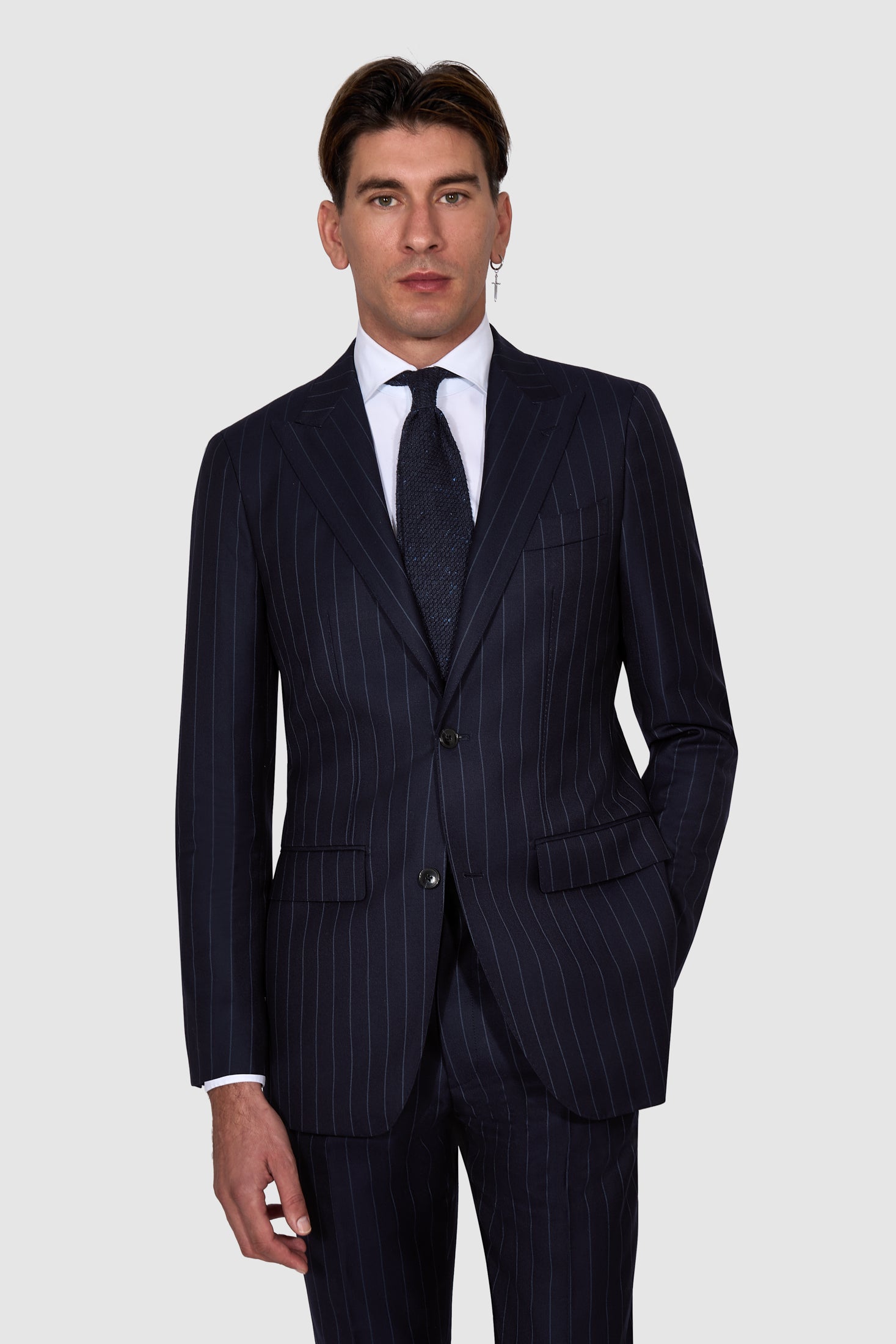 New SUITREVIEW Elmhurst Navy Stripe Pure Wool Super 120s Suit - Size 38L and 44R (Other Sizes Special Order)