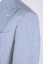 Load image into Gallery viewer, New SUITREVIEW Elmhurst Blue Stripe Seersucker Stretch Mother of Pearl Suit - Made to Order!