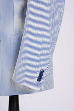 Load image into Gallery viewer, New SUITREVIEW Elmhurst Blue Stripe Seersucker Stretch Mother of Pearl Suit - Made to Order!