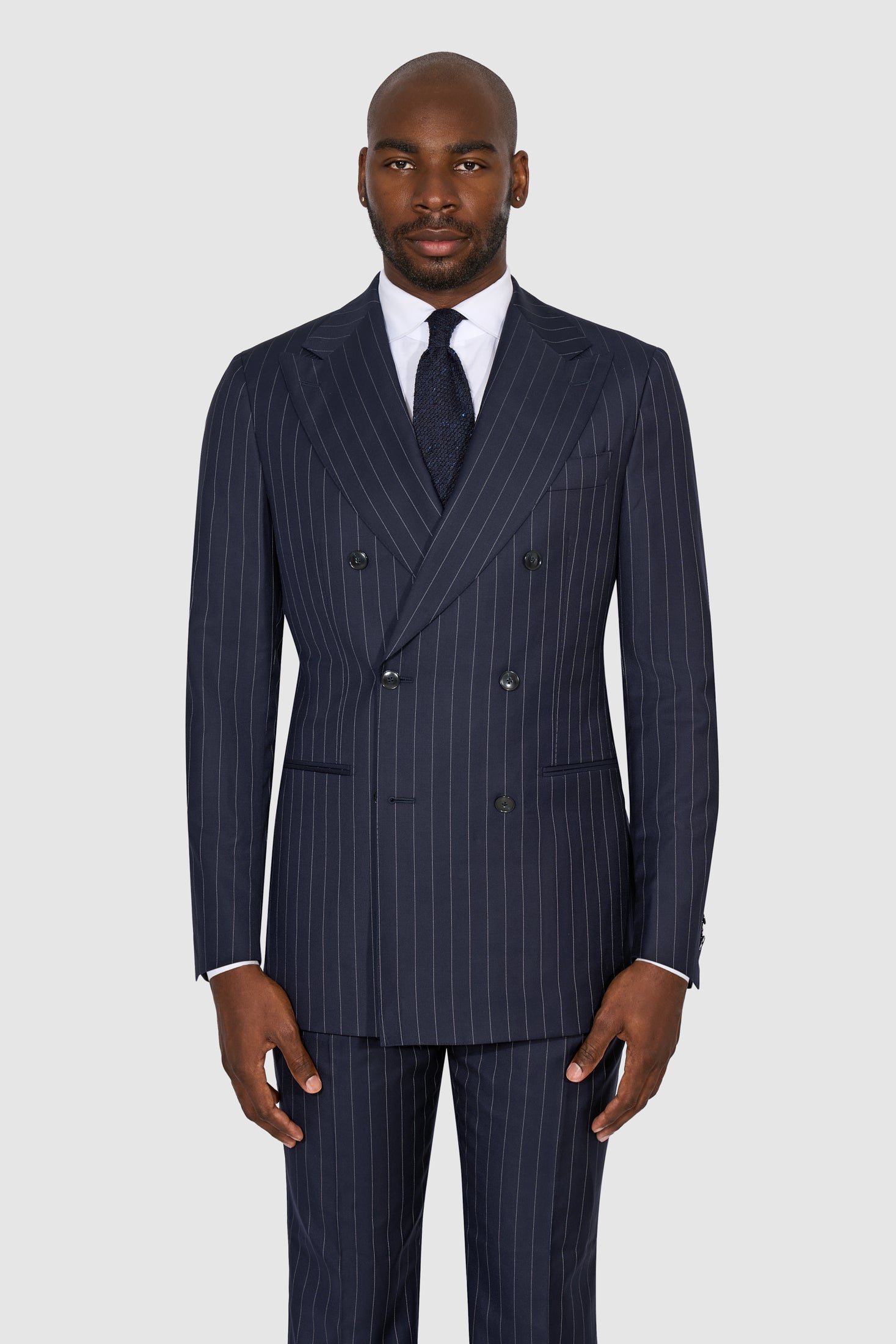 New SUITREVIEW Elmhurst Navy Pinstripe Pure Wool All Season DB Suit - Size 36R, 38L, 42R, 44S, 44R, 44L and 48R (Other Sizes Special Order)