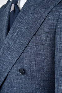 New SUITREVIEW Elmhurst Storm Blue Wool, Silk and Linen Loro Piana DB Suit - 34R (Final Sale)