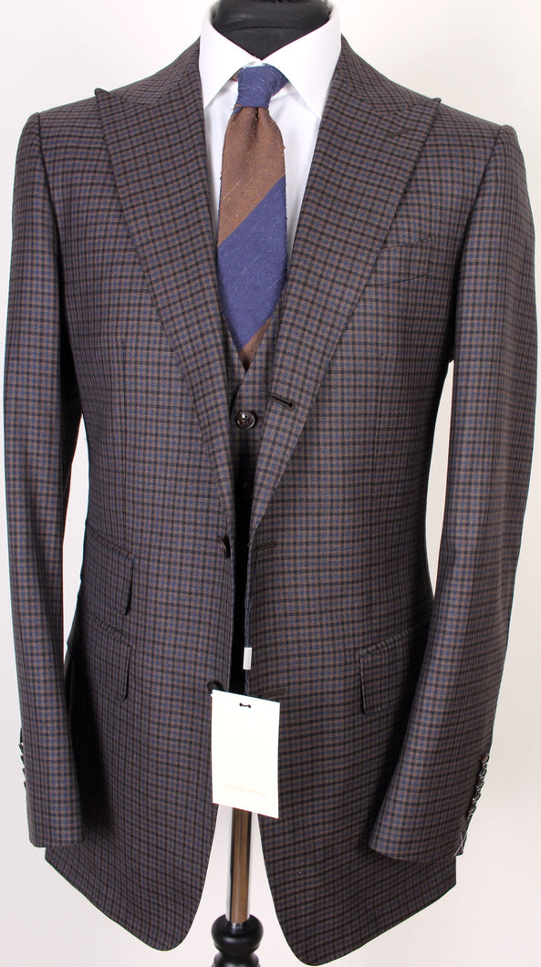 New Suitsupply Washington Brown Check Pure Wool Super 120s 3 Piece Suit - Size 38R